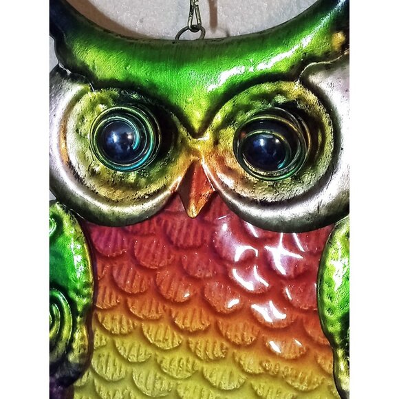Metal Owl Wind Chime Bell Colorful Glass Accent Hanging Hook Outdoor Decor 21 In - Picture 3 of 16